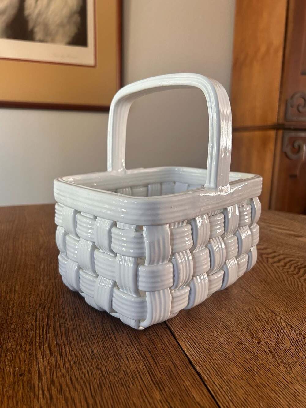 Vintage Italian Ceramic Woven Basket with Handle White